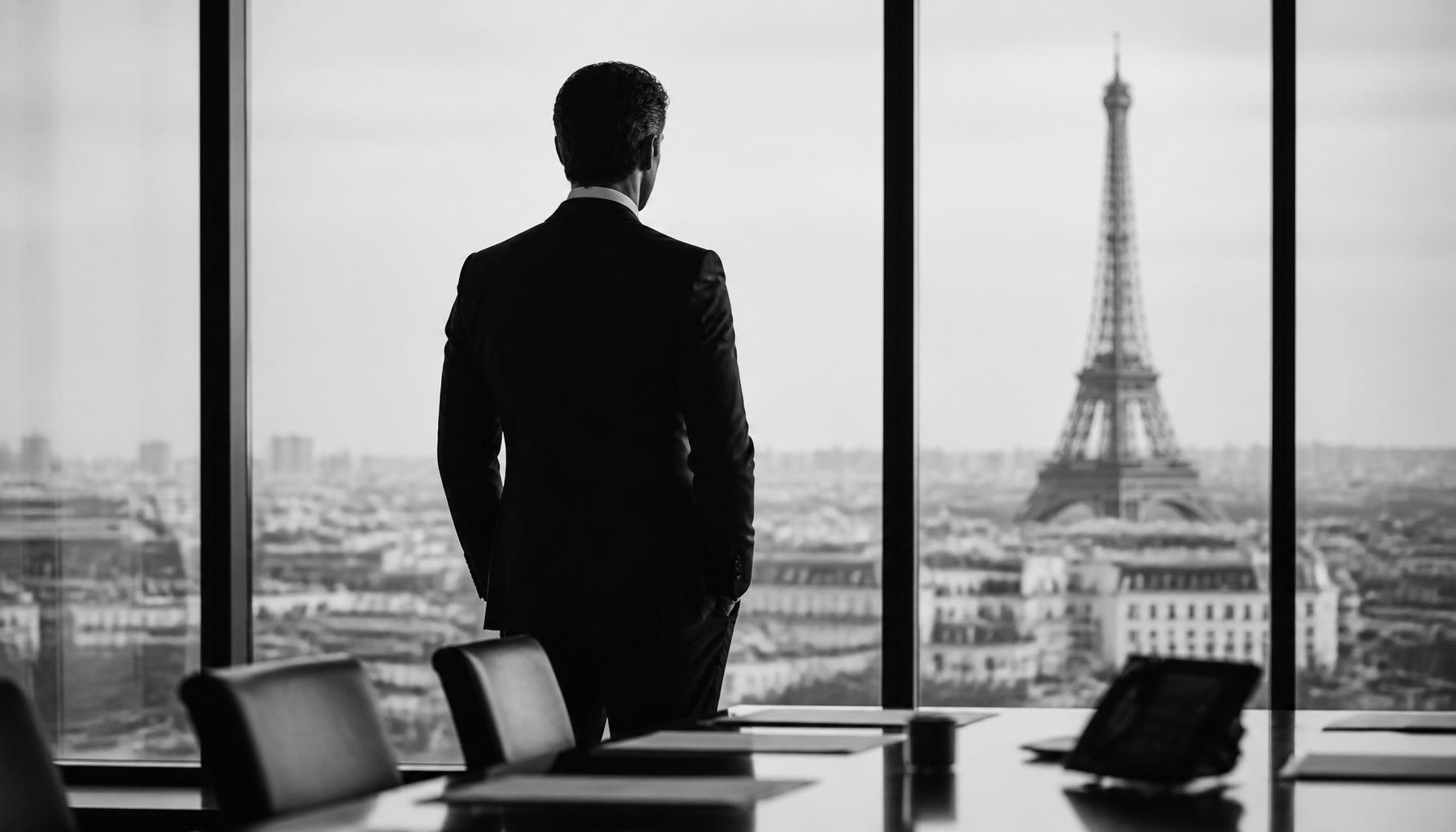 Executive leader in a Paris boardroom overlooking the Eiffel Tower — black and white